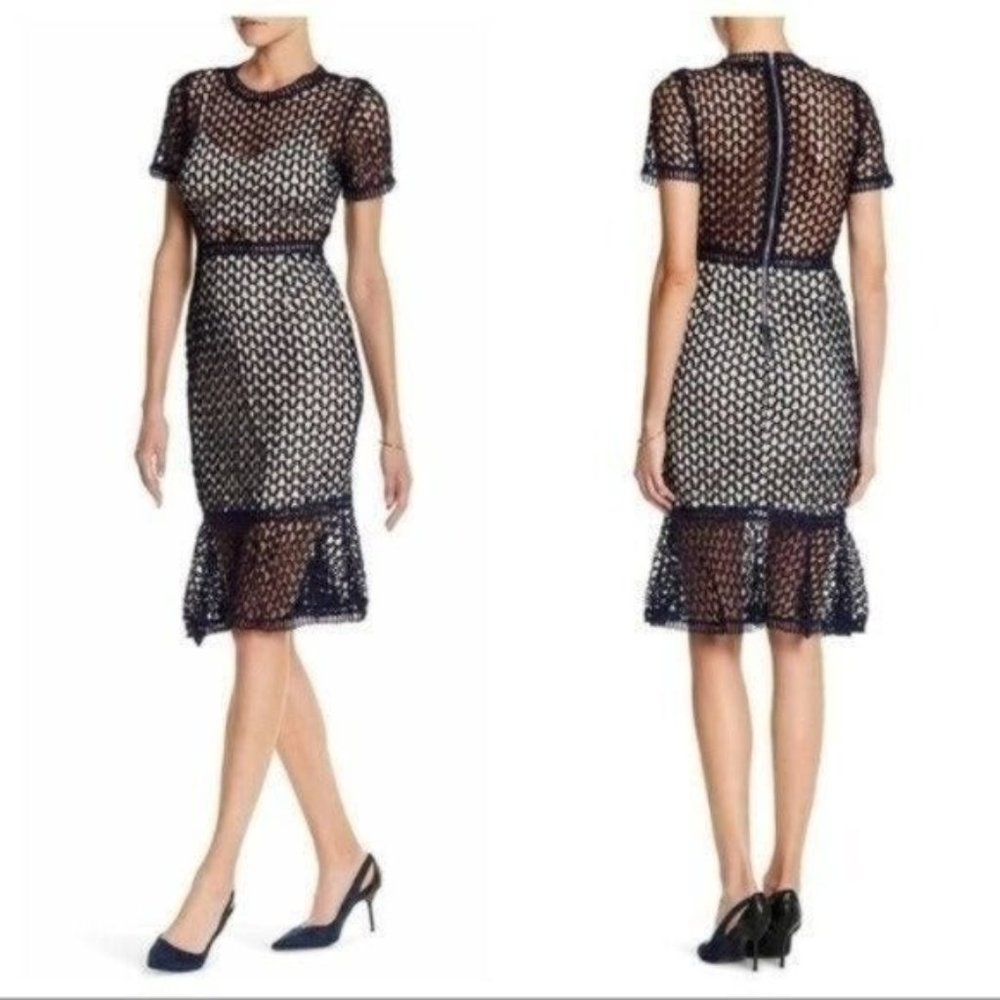 NWOT Soieblu Eyelet Crochet Midi Dress Size Small Womens Navy Blue Lined